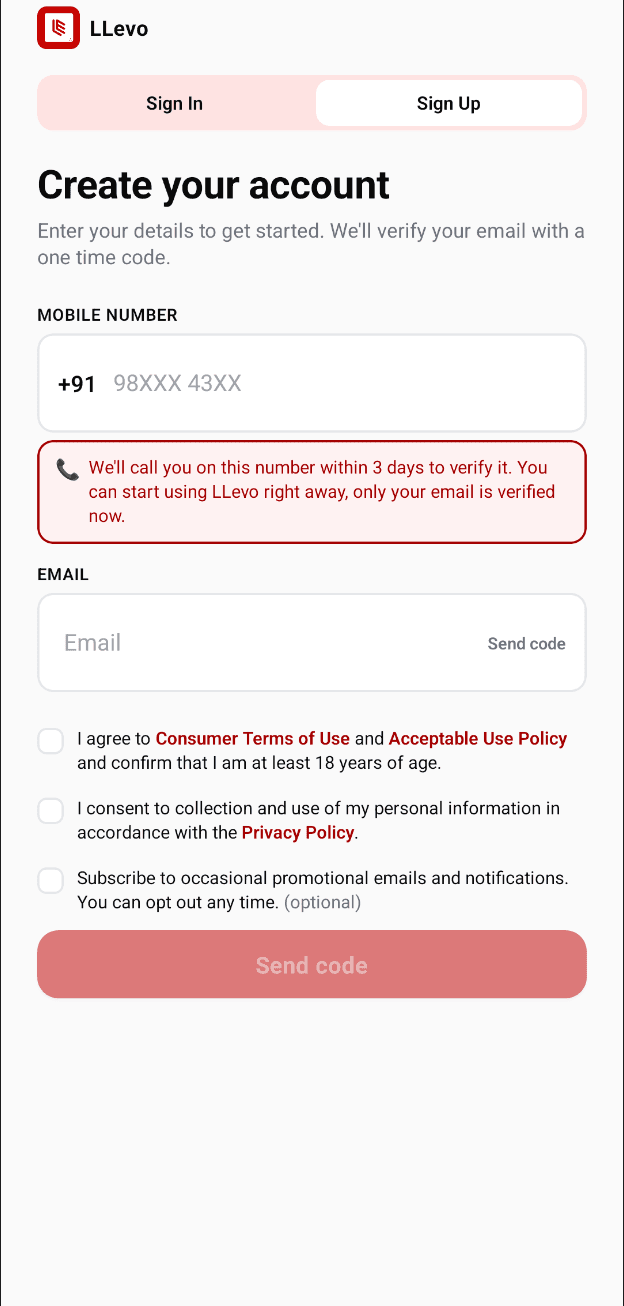 LLevo sign up screen