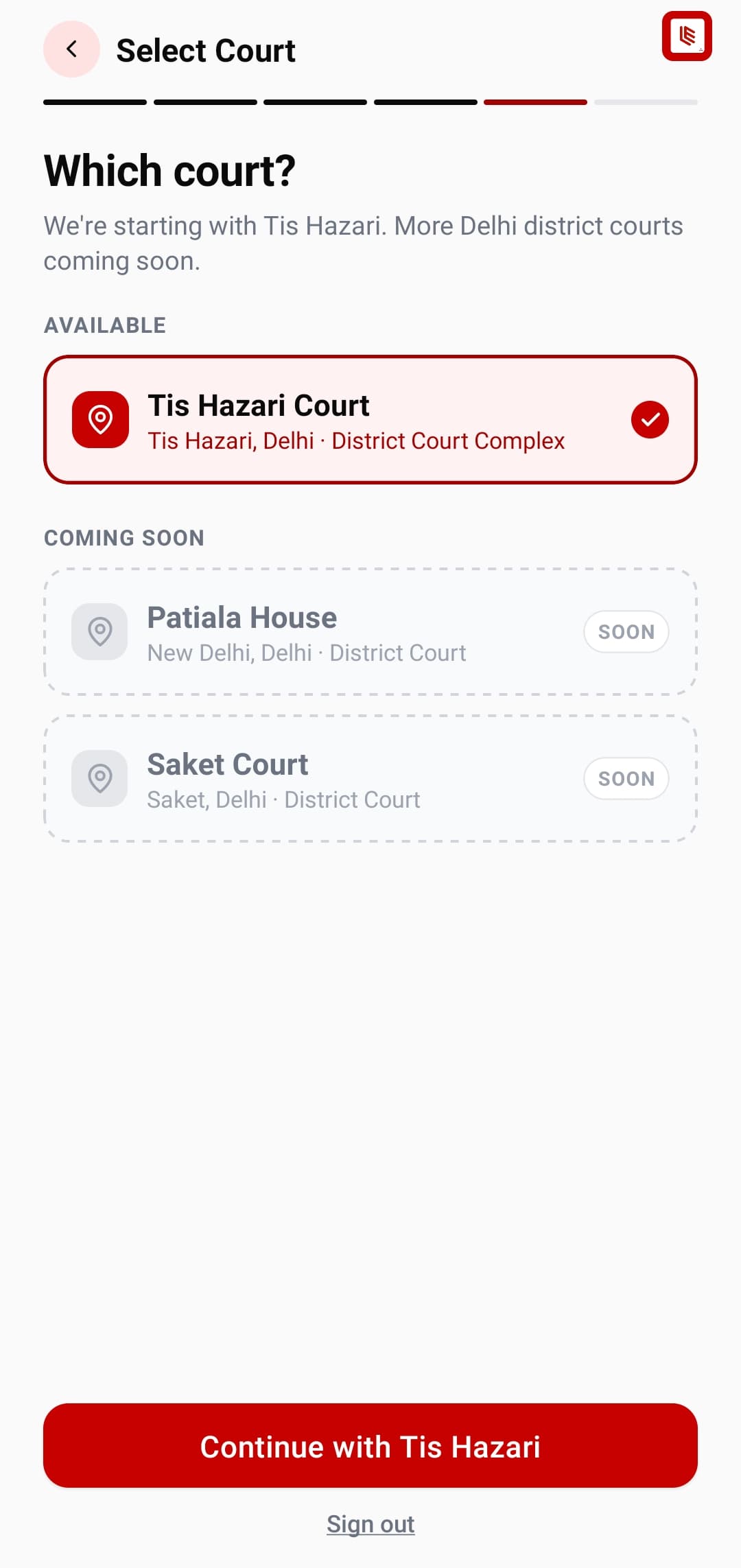 LLevo select court screen