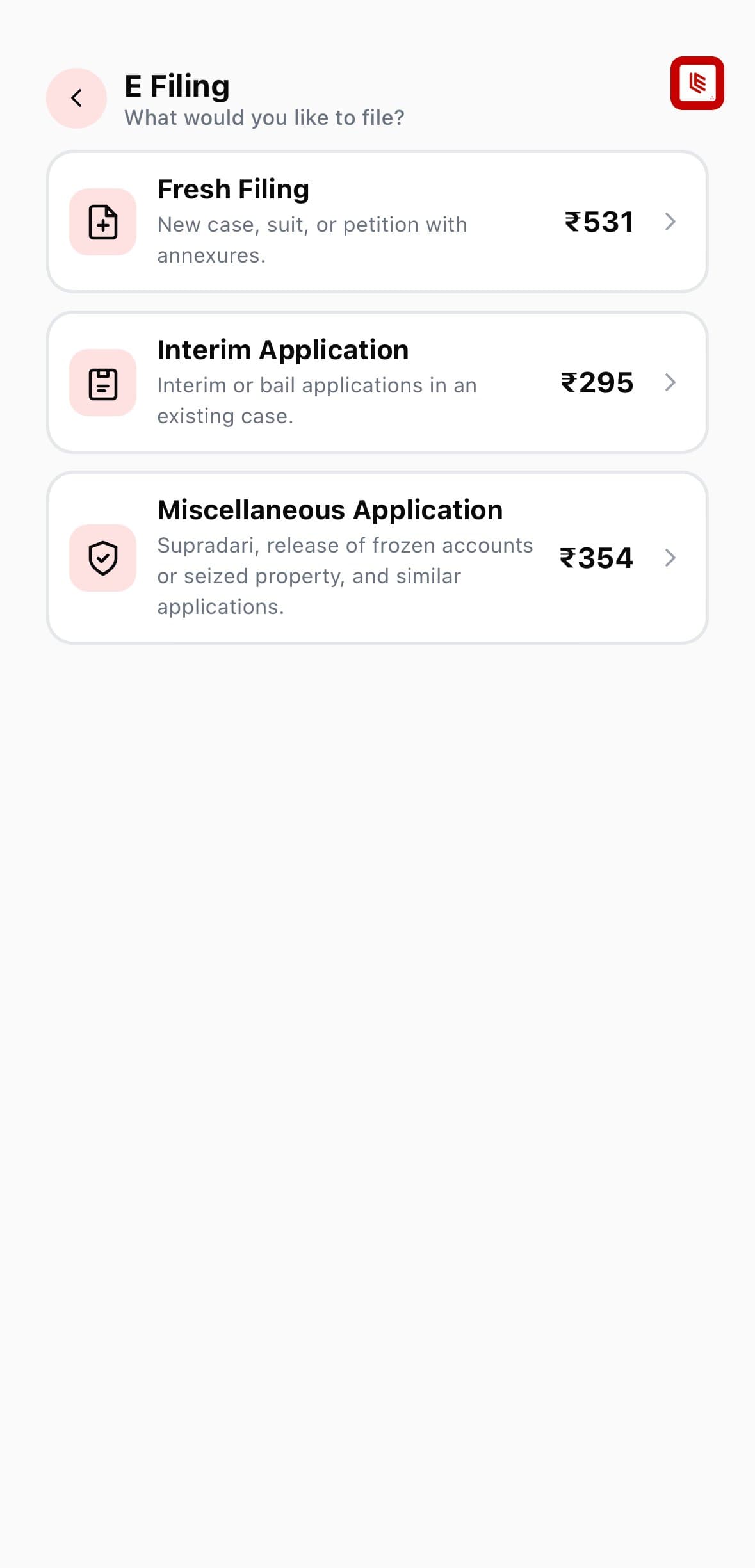 LLevo E Filing screen: Fresh Filing, Interim Application, Miscellaneous Application