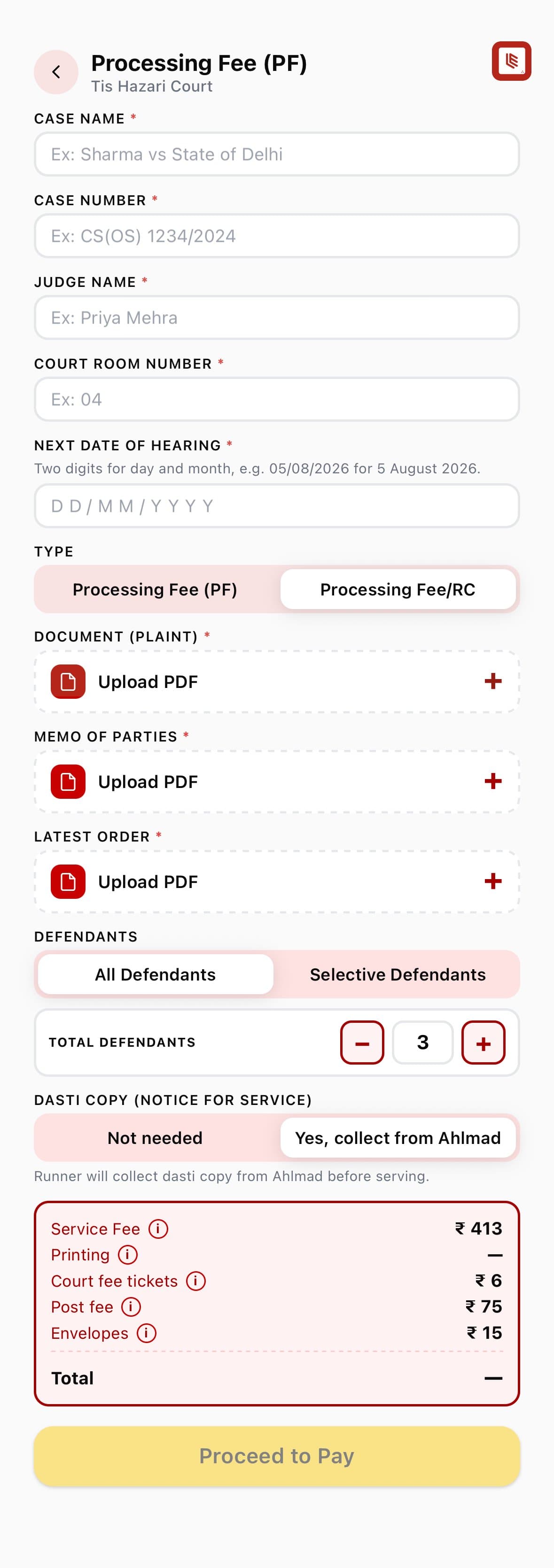 LLevo Processing Fee (PF) task form