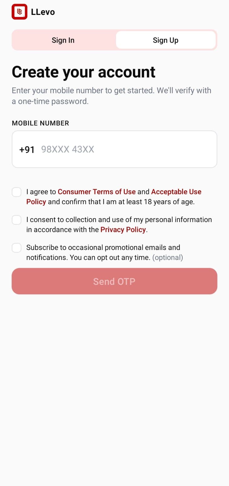 LLevo sign up screen